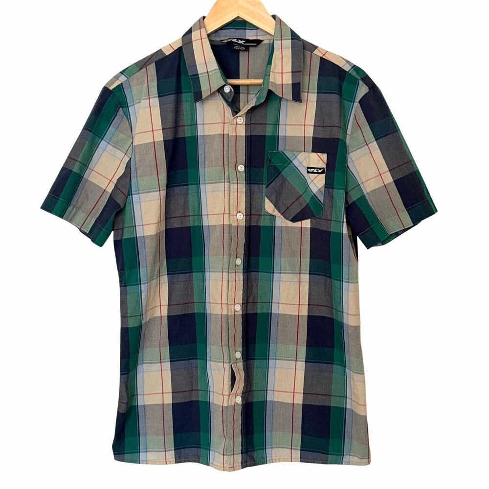FLY RACING Men's 100% Cotton Dapper Button Up Plaid Short Sleeve Shirt, Medium